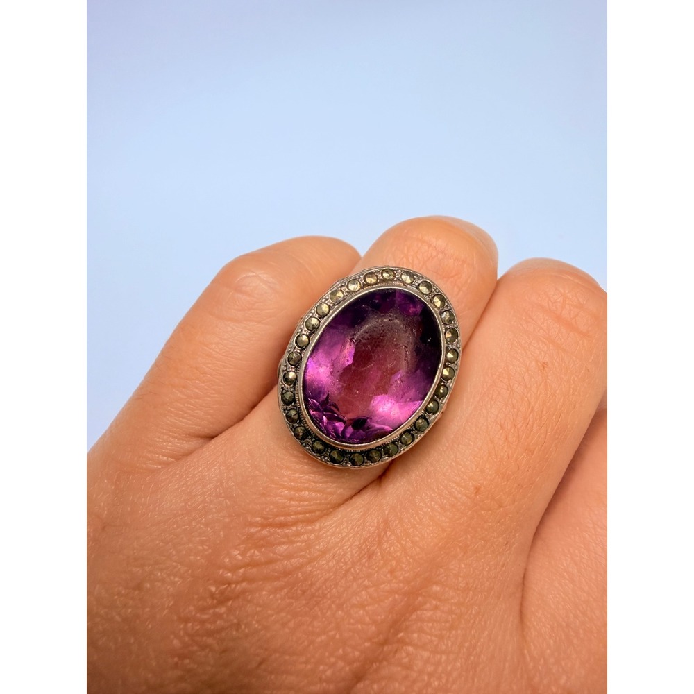 Large Vintage Mid Century Sterling Silver Purple Glass Ring, Vintage Filigree